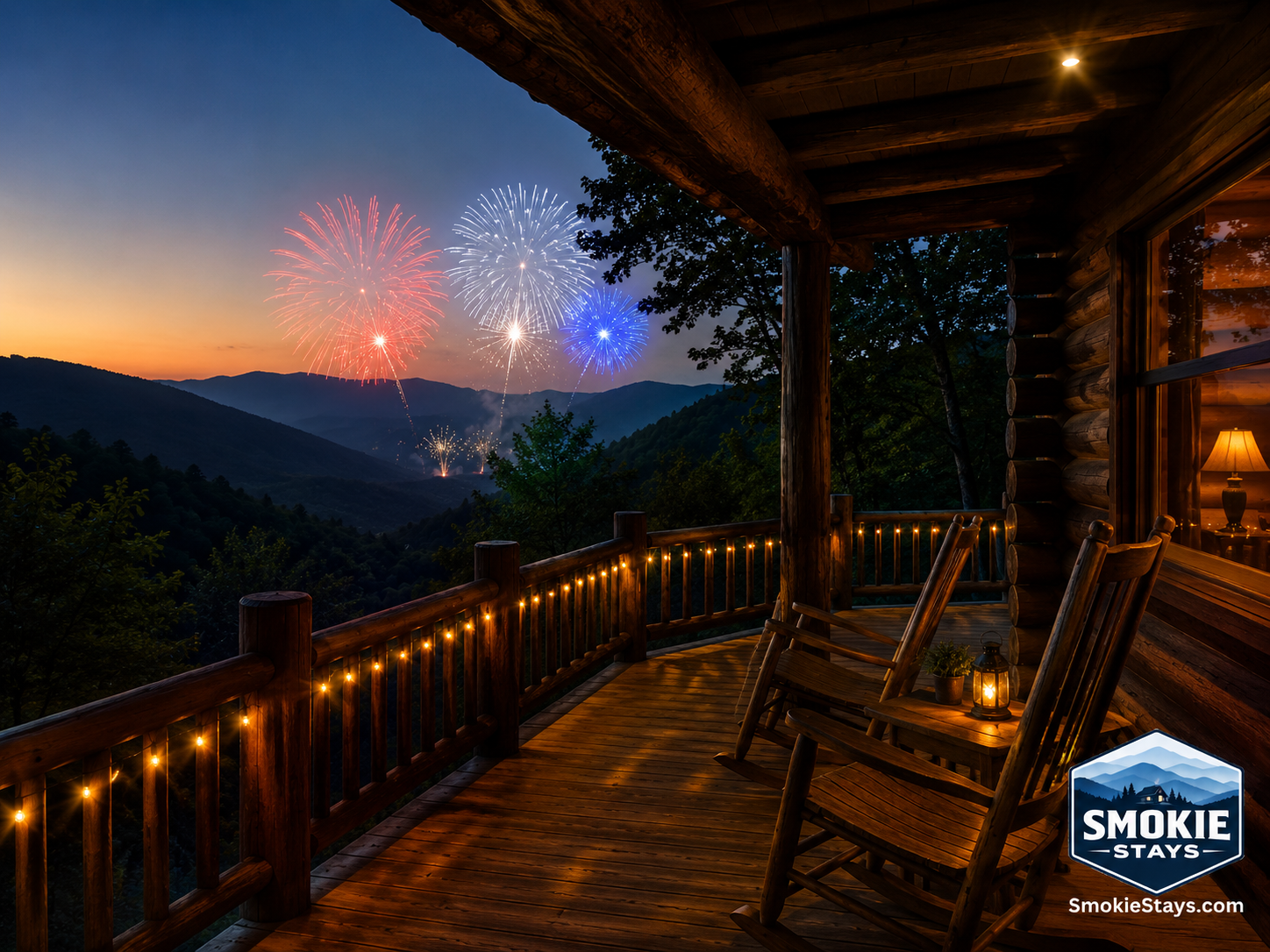 A log cabin deck in the Smoky Mountains overlooks a valley view with Fourth of July fireworks bursting in the distance at twilight, with rocking chairs and string lights on the porch.