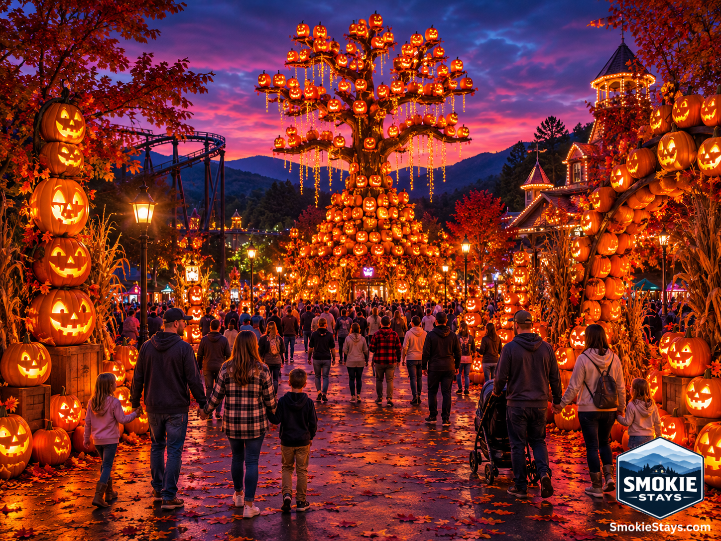 A theme park pathway glows with thousands of illuminated carved pumpkins and a towering pumpkin tree display during Dollywood's Great Pumpkin LumiNights fall festival in Pigeon Forge, Tennessee.