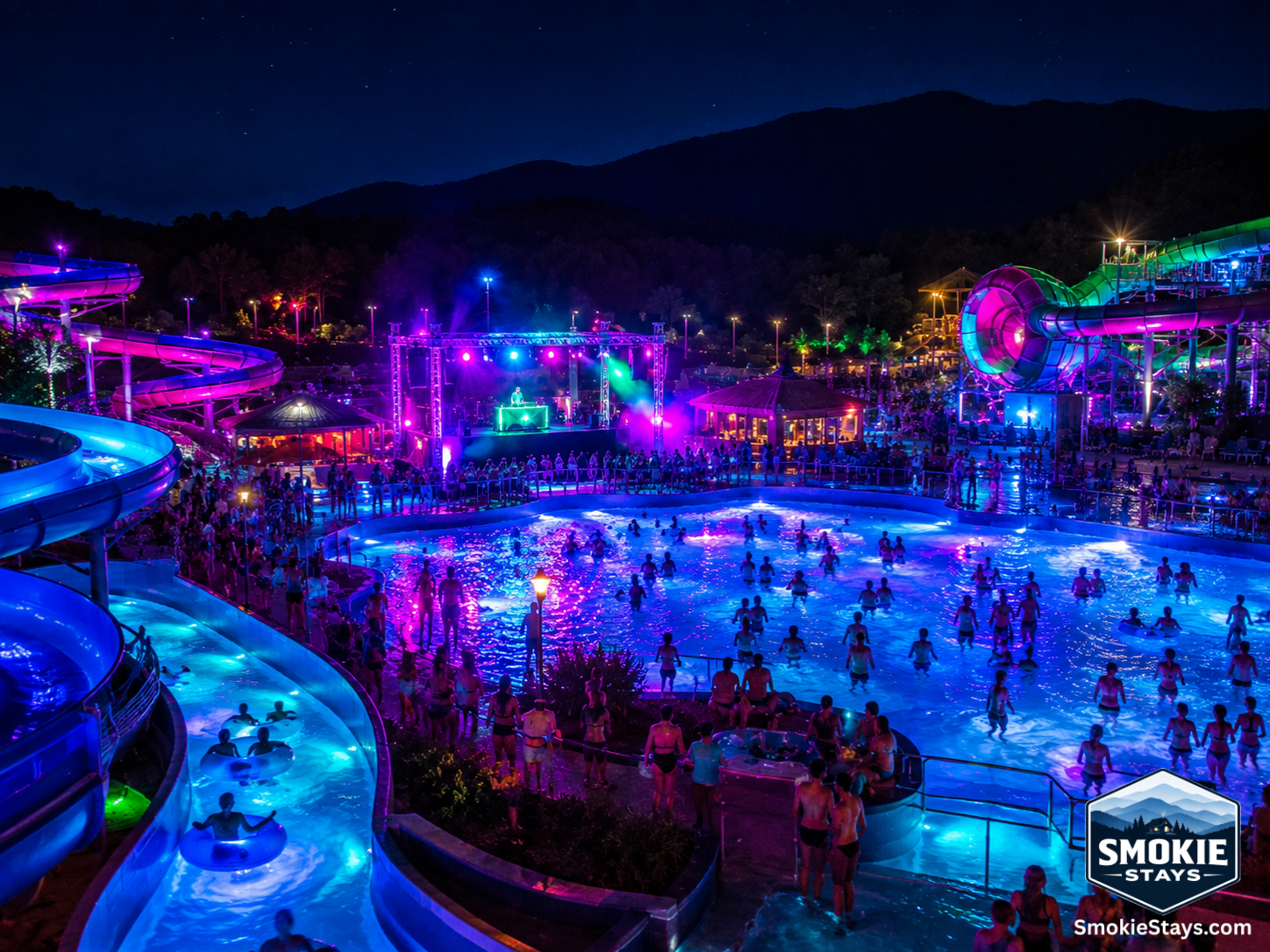 A water park at night glowing with vibrant neon and colored lights during an after-hours event, with guests enjoying illuminated slides and pools against a dark Smoky Mountain sky.