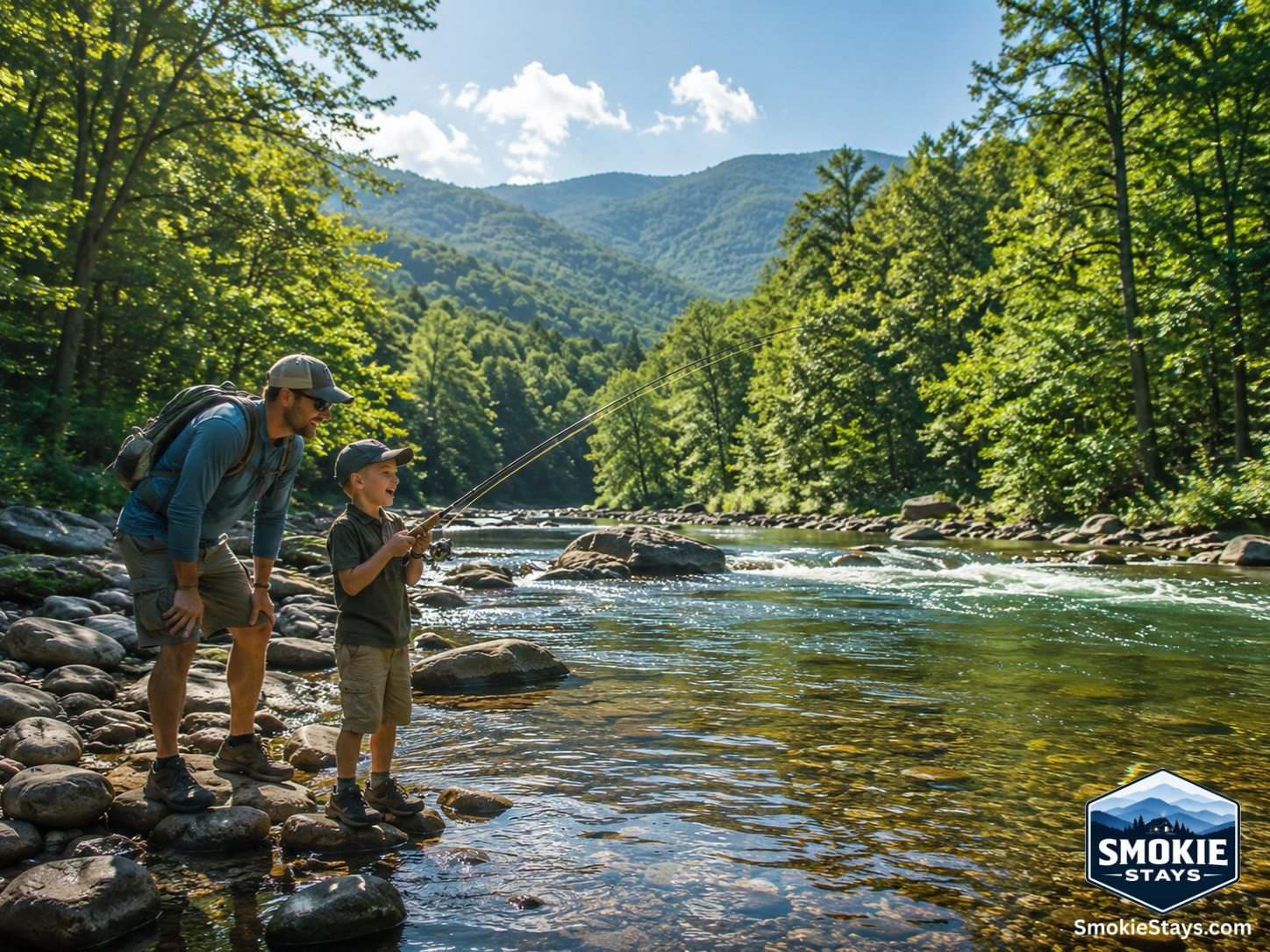 A parent and child fish together on the rocky banks of a clear mountain stream in the Great Smoky Mountains during Tennessee's Free Fishing Day, with forested ridges in the background.