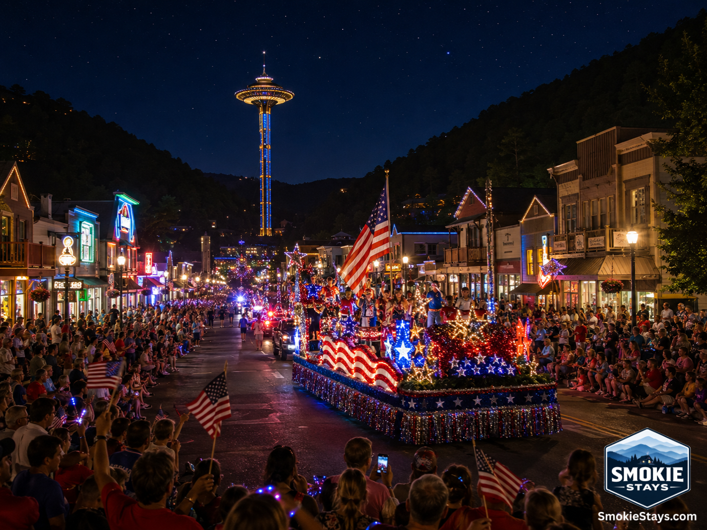 A patriotic float moves through the crowded downtown Gatlinburg Parkway during the annual 4th of July Midnight Parade, with spectators lining the street and the Smoky Mountains visible in the background.