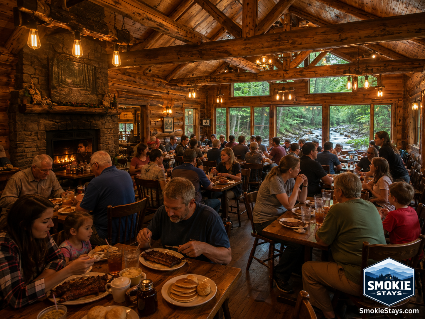 A warm rustic log cabin restaurant interior in Gatlinburg, Tennessee, with timber beam ceilings, tables set with Southern meals, and a forested mountain creek visible through the back windows.