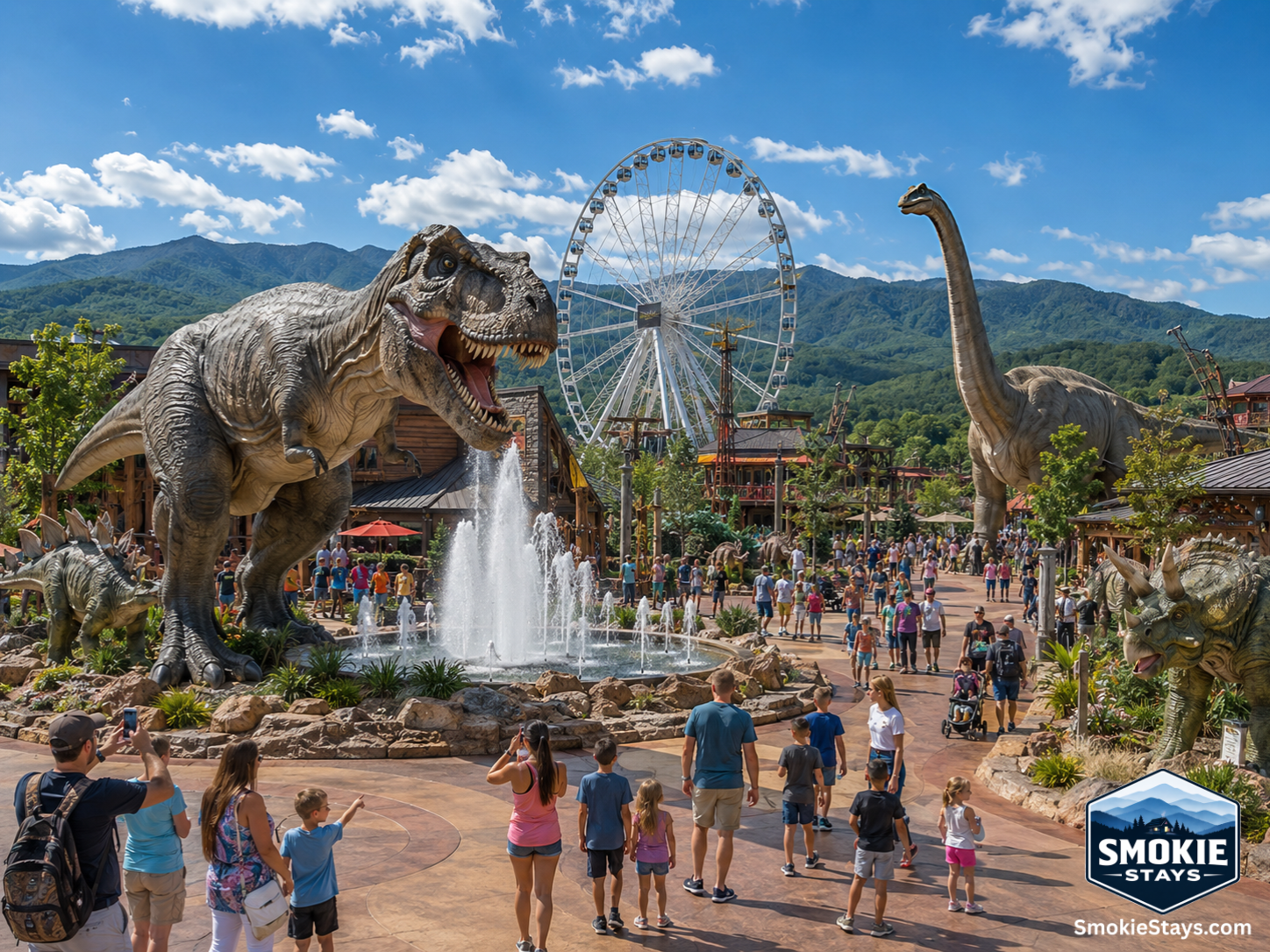 Life-sized animatronic dinosaurs including a T-Rex and Brachiosaurus are positioned throughout The Island entertainment complex in Pigeon Forge, with families exploring the free Jurassic Adventure experience and a large Ferris wheel visible in the backgro