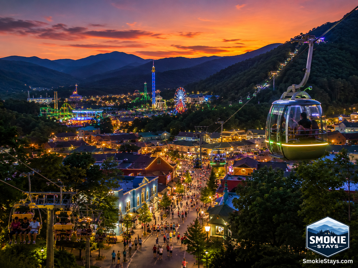 A vibrant mountain resort town at dusk with a gondola ascending to a mountaintop attraction, a theme park skyline glowing in the distance, and families walking the main street against a Smoky Mountain sunset.