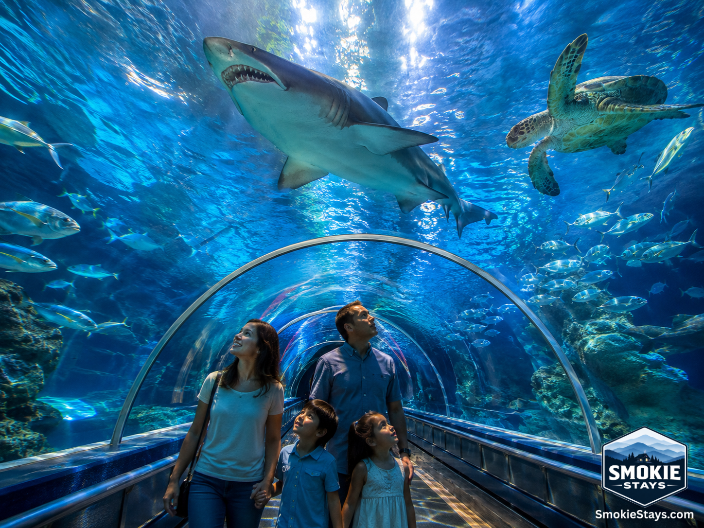 A family walks through the 340-foot underwater shark tunnel at Ripley's Aquarium of the Smokies in Gatlinburg, Tennessee, with a massive sand tiger shark and sea turtle visible swimming overhead in the crystal-clear water.