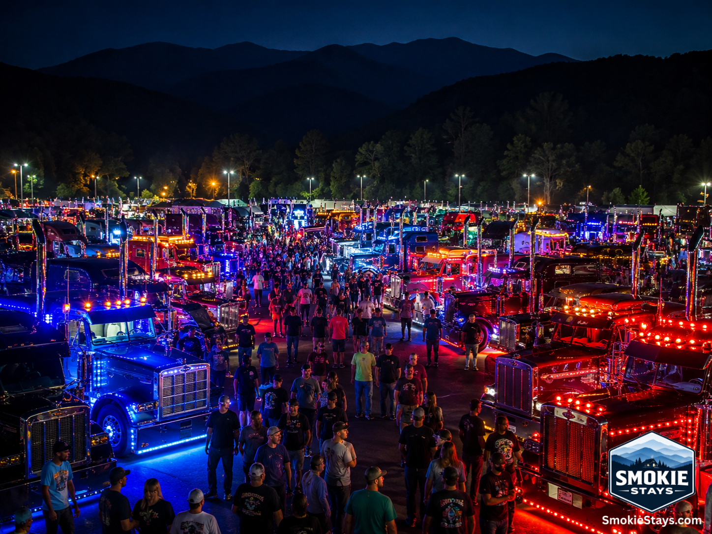 Dozens of custom semi-trucks with full LED and neon lighting displays illuminate a nighttime truck show parking lot at the Smoky Mountain Big Rig Showdown in Pigeon Forge, Tennessee, with forested mountain ridges in the background.