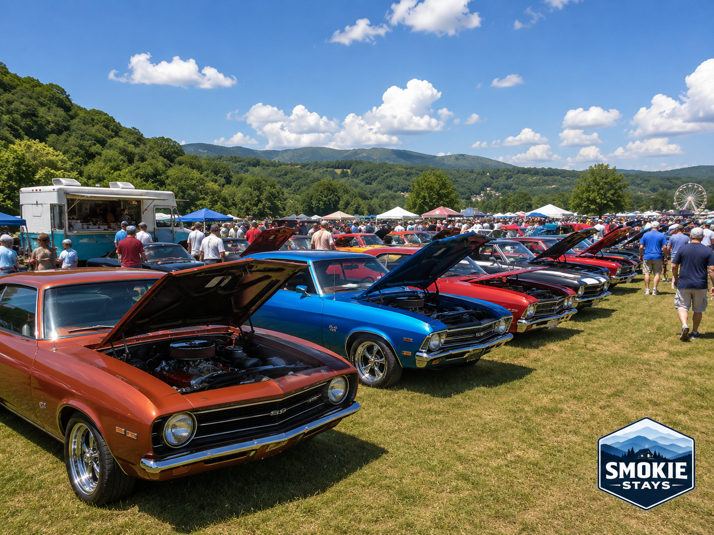 Rows of classic American muscle cars and hot rods on display at an outdoor fairgrounds on a sunny summer day in Sevierville, Tennessee, with visitors browsing the show and forested hills in the background.