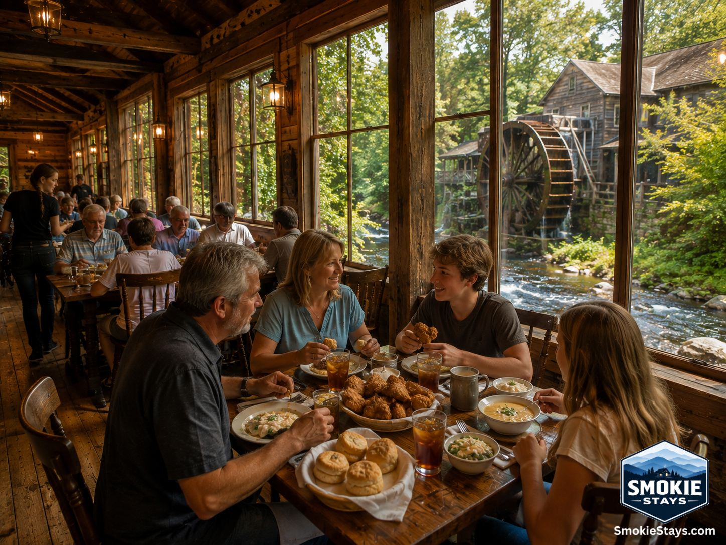 Guests enjoy Southern comfort meals at a riverside table inside the Old Mill Restaurant in Pigeon Forge, Tennessee, with a working water wheel and the Little Pigeon River visible through the windows.